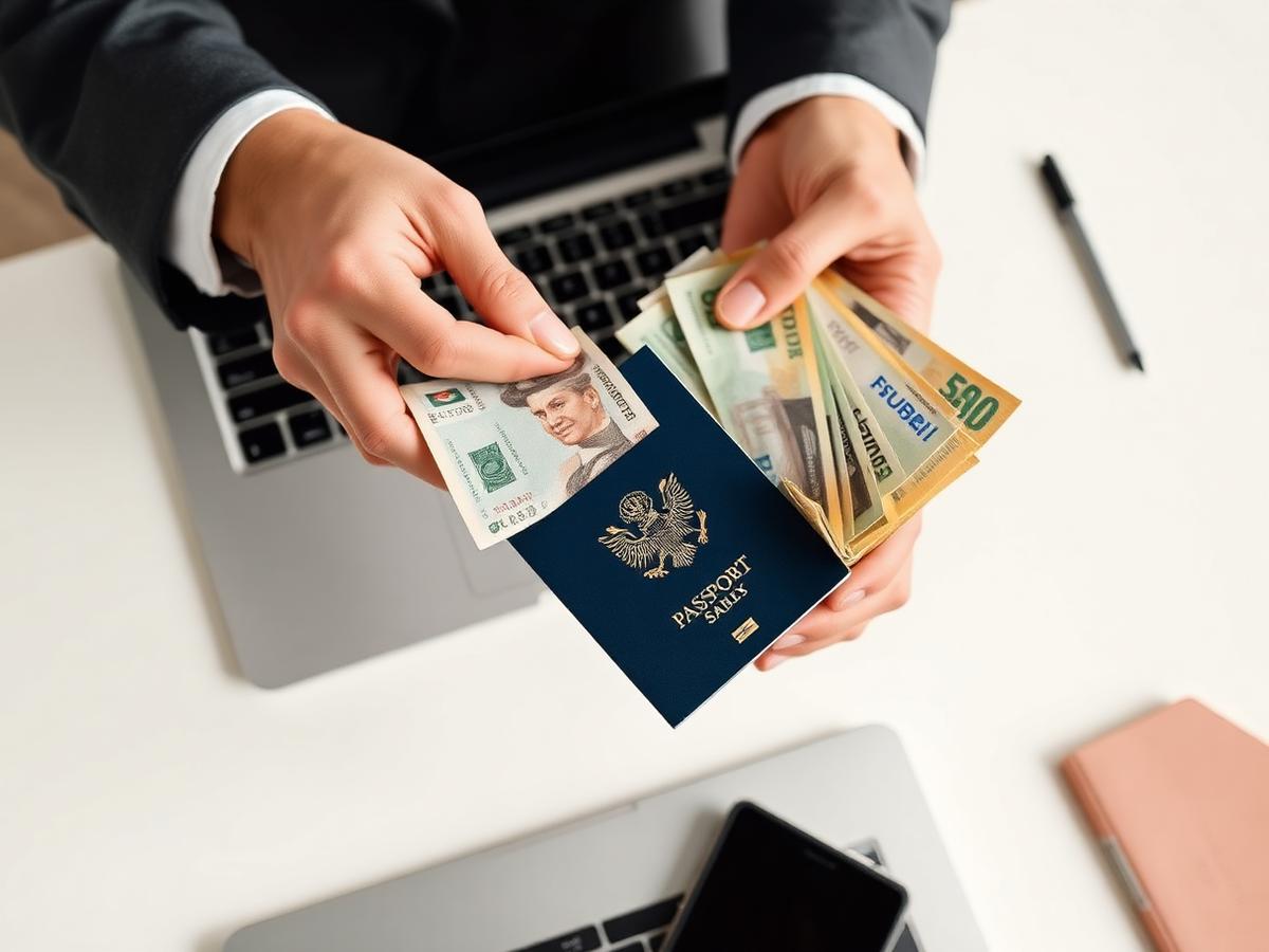 Atendimento de câmbio com moedas estrangeiras e passaporte sobre a mesa